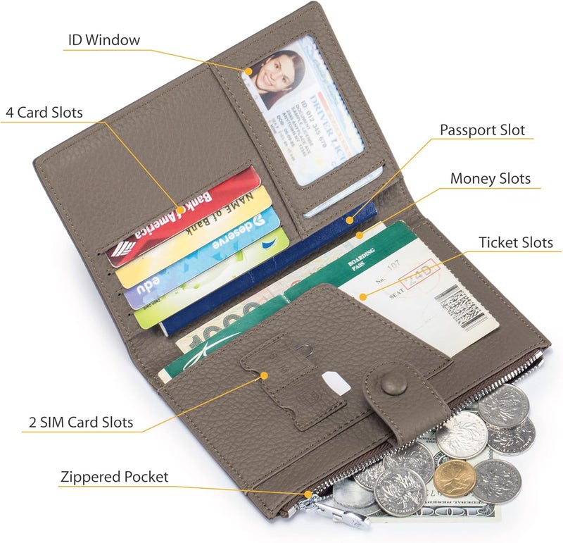 EutDett حافظة جواز سفر جلدية للسفر للنساء، محافظ جواز سفر RFID، محفظة سفر مدمجة مع جيب بسحاب للعملات وفتحات SIM، غلاف جواز سفر للسيدات - Image 2
